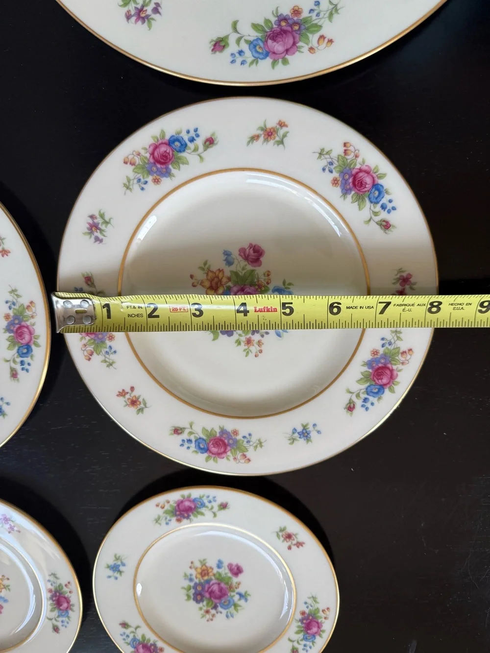 Lenox Floral Rose Bone China Dinner Plates in Pink, Blue and Gold Trim